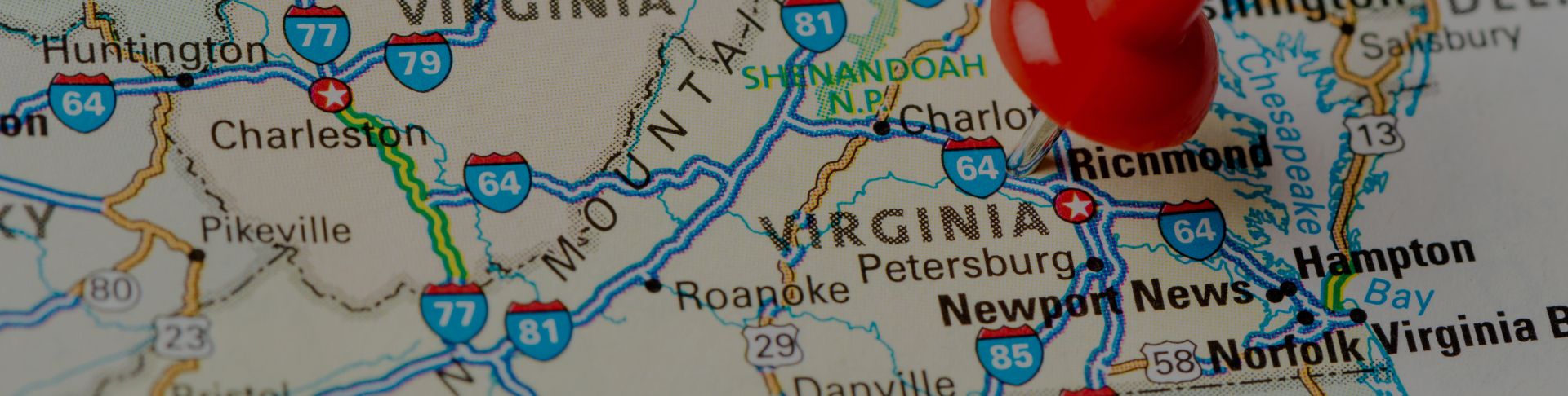 Pinned map of Virginia, USA